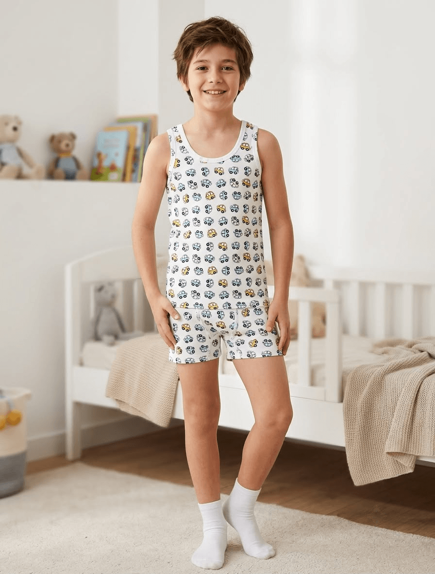 2'li Erkek Çocuk %100 Pamuk Penye Araba Desenli Atlet Boxer Takımı